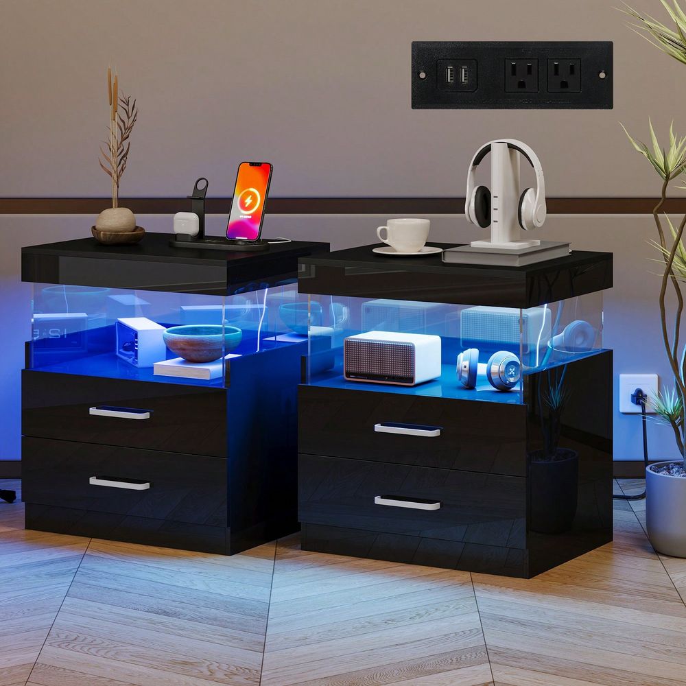 Floating Nightstand With Led Light - Black LED End Table Nightstand With