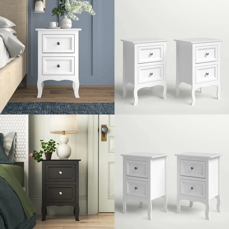 Solid Wood Nightstand 2 Drawers - Retro Wooden Nightstand with 2 Drawers