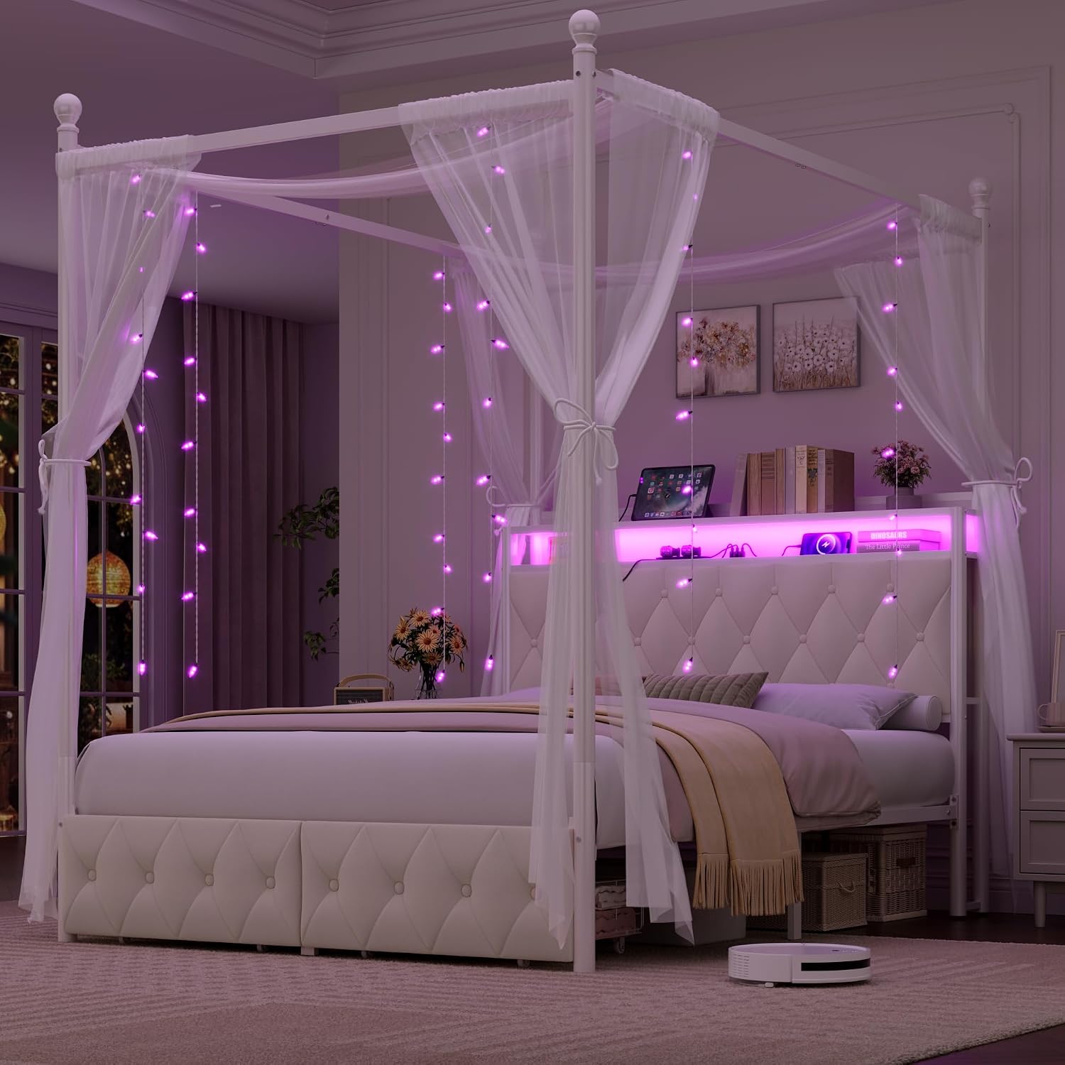 Queen Size LED Canopy Bed Fram - đánh giá và giá Canopy Bed Frame Metal Queen