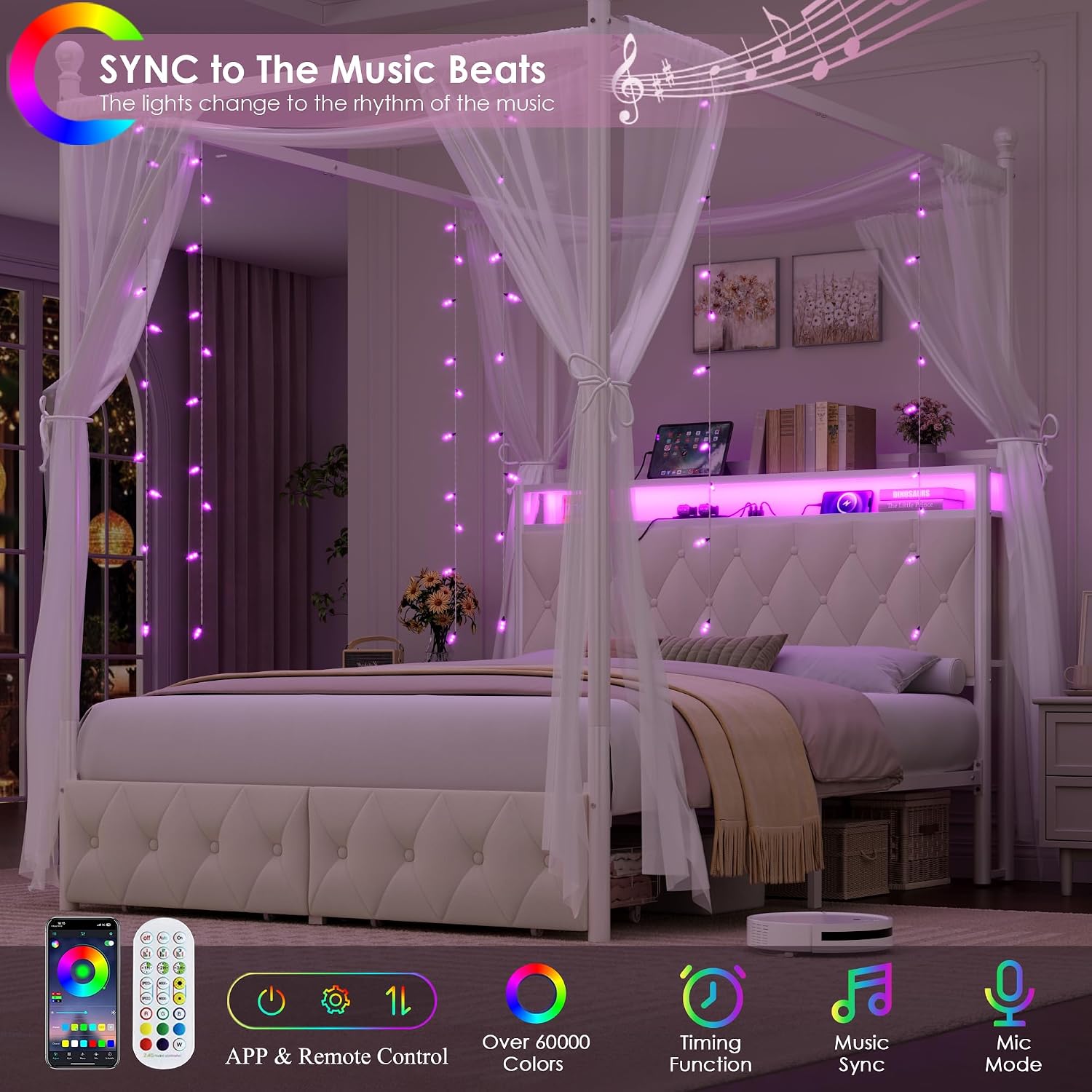 Queen Size LED Canopy Bed Fram - đánh giá và giá Canopy Bed Frame Metal Queen