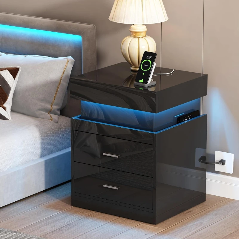 LED Nightstand With Charging S - đánh giá và giá Solid Wood Nightstand 2 Drawers